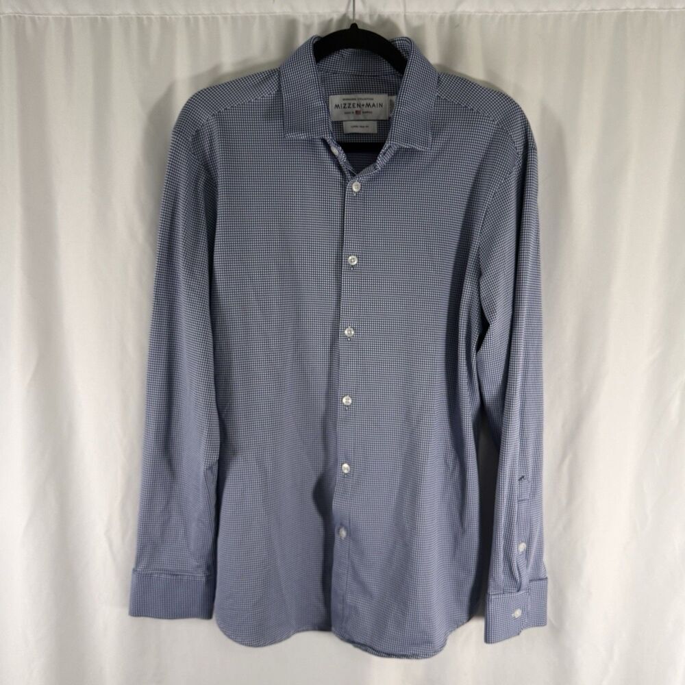 Mizzen Main Dress Shirt Large Blue White Plaid Trim Fit Stretch Spinnaker Collec